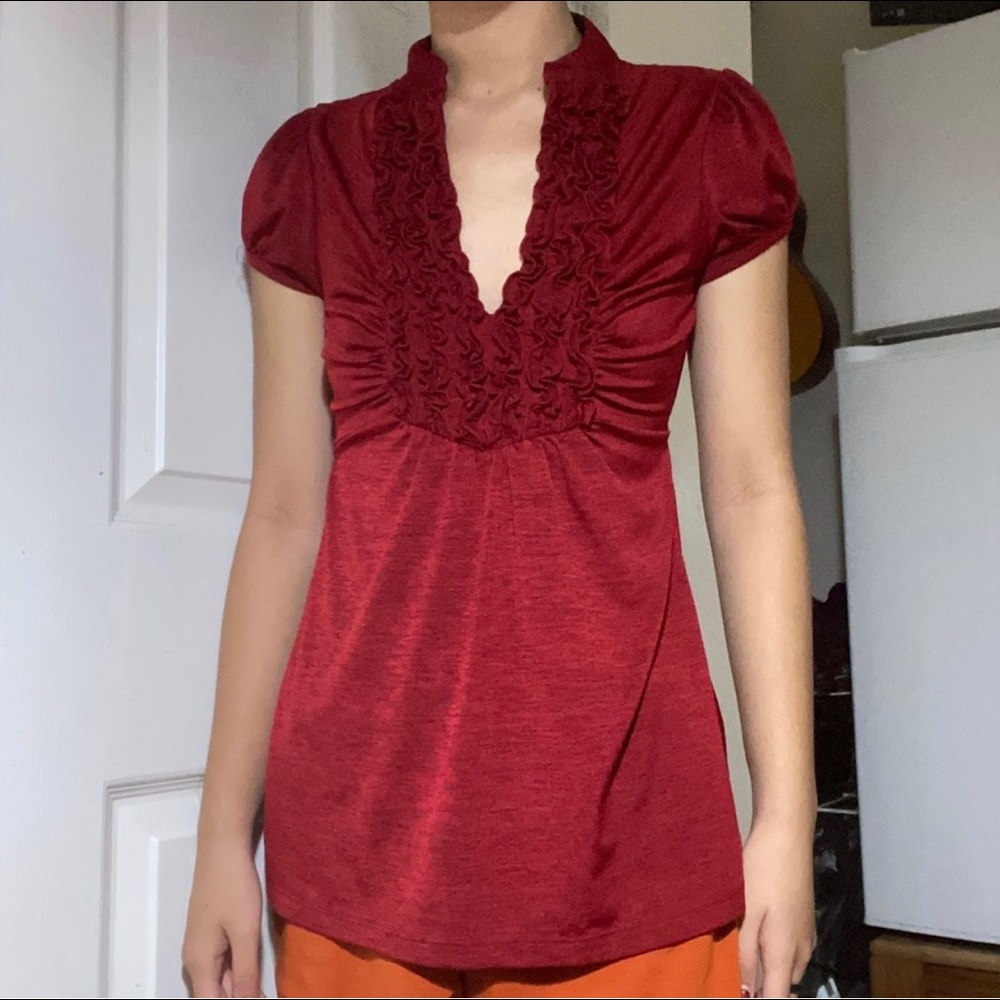 dark red/maroon/burgundy ruffle v-neck puff sleeves y2k vintage top